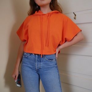 Orange Cropped Short Sleeve Hoodie